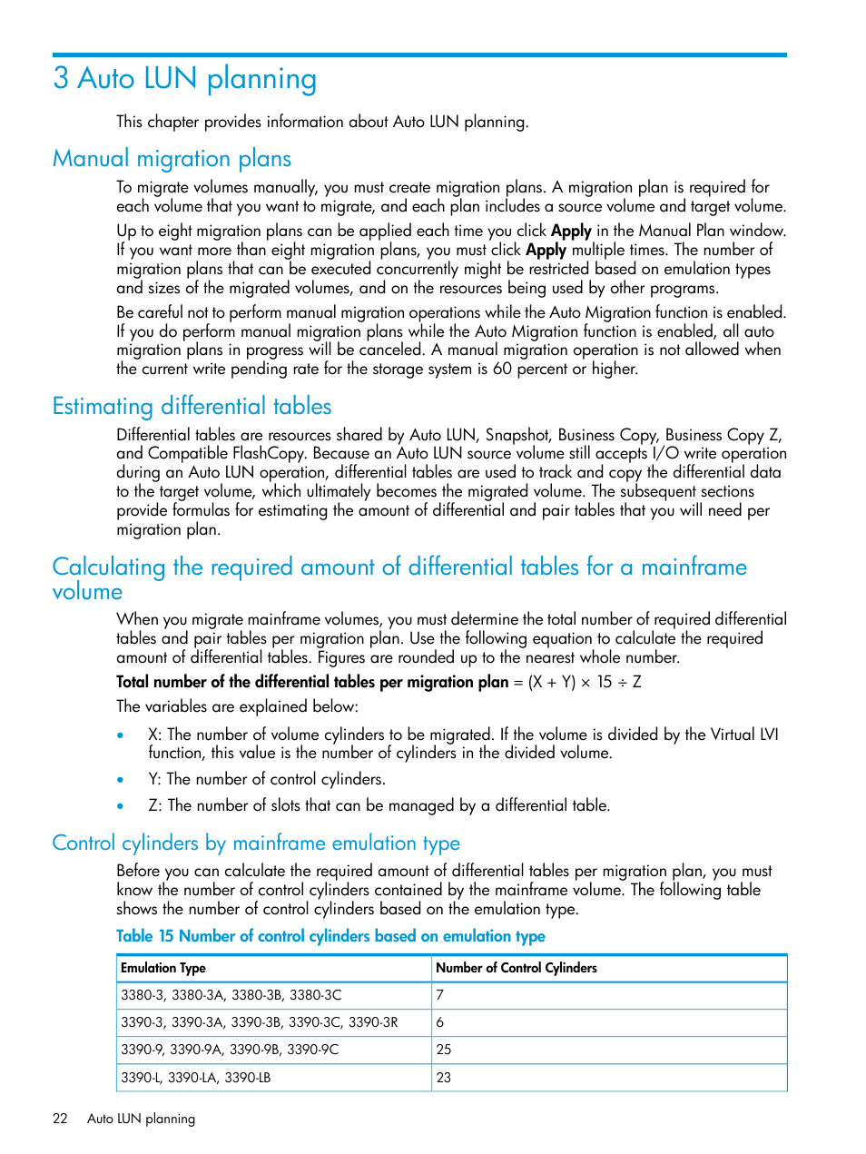 3 auto lun planning, Manual migration plans, Estimating differential tables | Control cylinders by mainframe emulation type | HP XP P9000 Auto LUN Software User Manual | Page 22 / 72