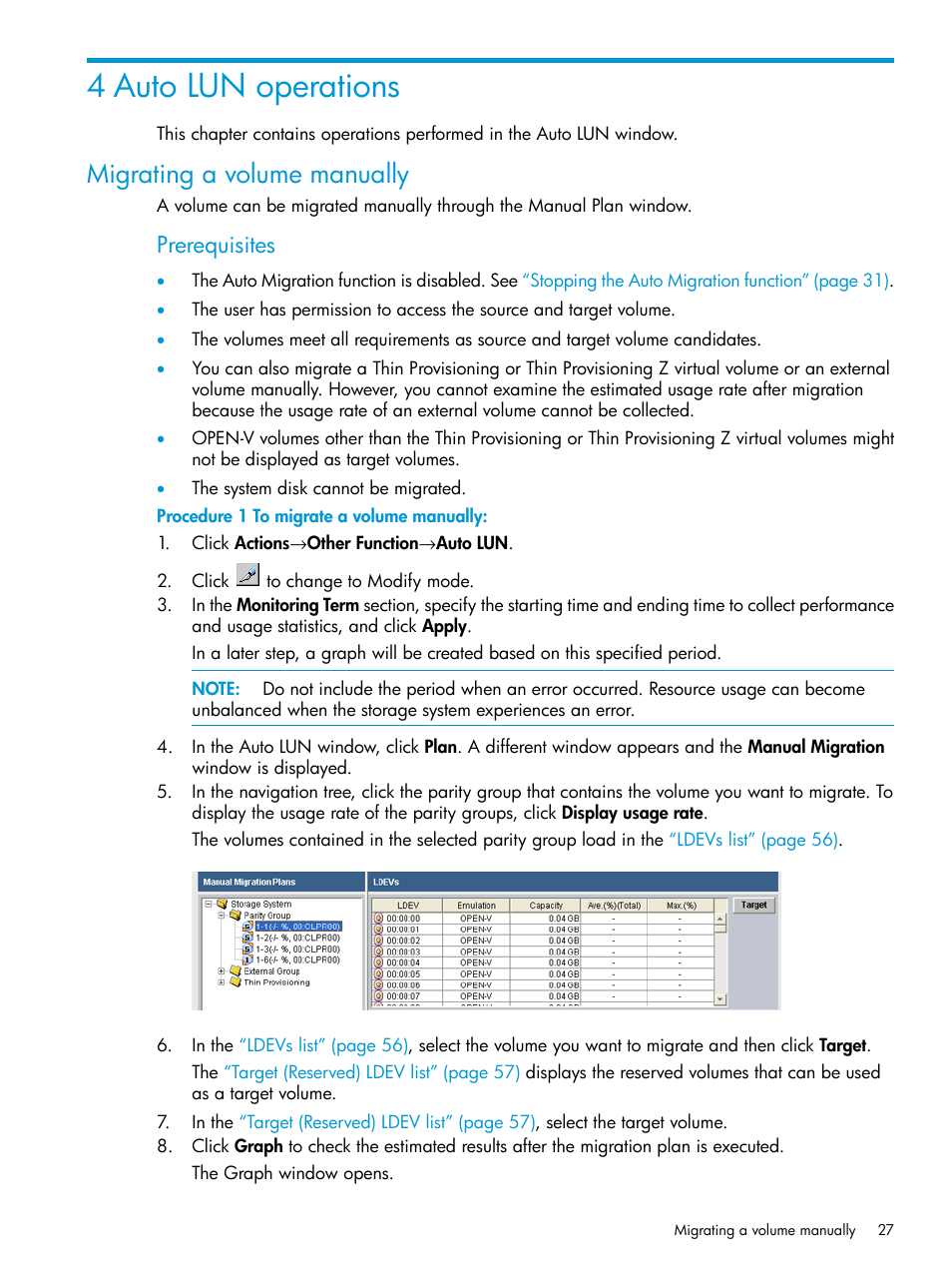 4 auto lun operations, Migrating a volume manually, Prerequisites | HP XP P9000 Auto LUN Software User Manual | Page 27 / 72