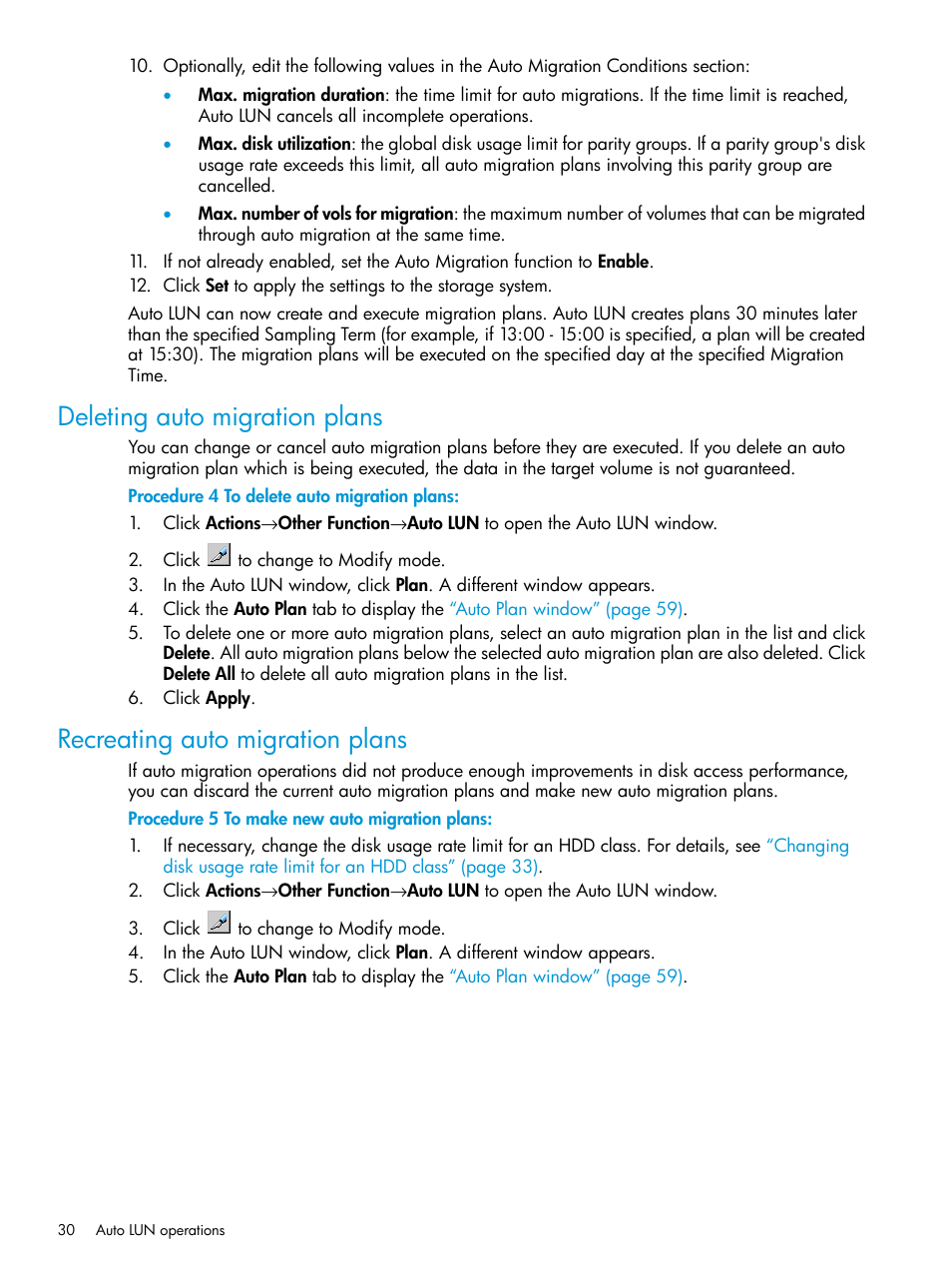 Deleting auto migration plans, Recreating auto migration plans | HP XP P9000 Auto LUN Software User Manual | Page 30 / 72