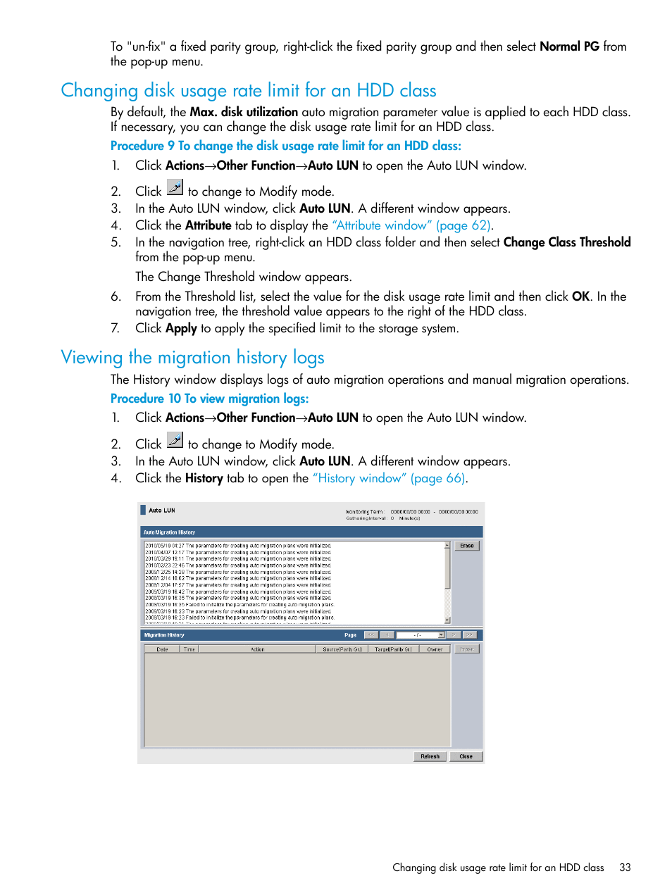 Changing disk usage rate limit for an hdd class, Viewing the migration history logs, Changing | HP XP P9000 Auto LUN Software User Manual | Page 33 / 72