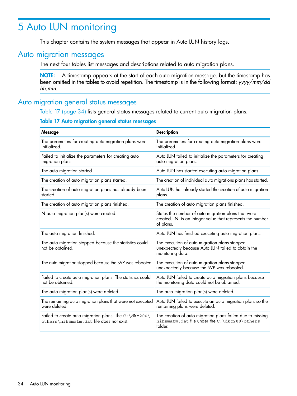 5 auto lun monitoring, Auto migration messages, Auto migration general status messages | HP XP P9000 Auto LUN Software User Manual | Page 34 / 72