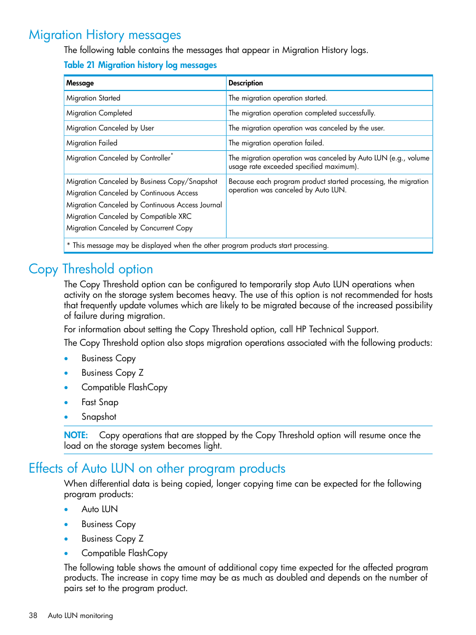 Migration history messages, Copy threshold option, Effects of auto lun on other program products | HP XP P9000 Auto LUN Software User Manual | Page 38 / 72