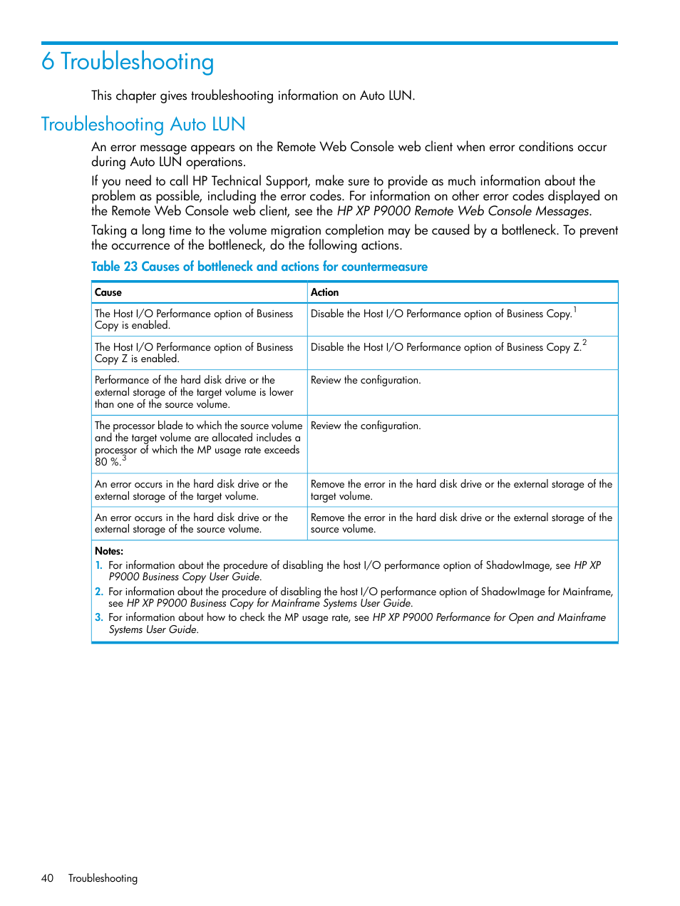 6 troubleshooting, Troubleshooting auto lun | HP XP P9000 Auto LUN Software User Manual | Page 40 / 72