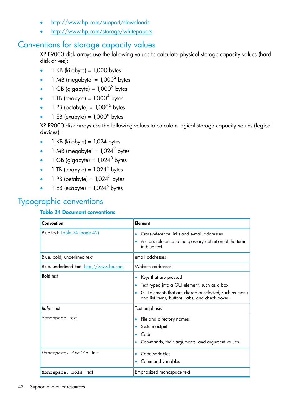 Conventions for storage capacity values, Typographic conventions | HP XP P9000 Auto LUN Software User Manual | Page 42 / 72