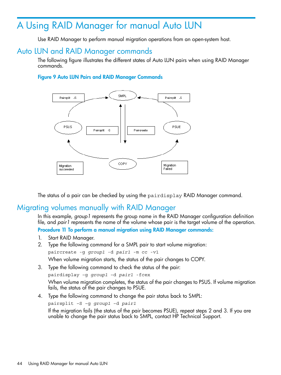 A using raid manager for manual auto lun, Auto lun and raid manager commands, Migrating volumes manually with raid manager | HP XP P9000 Auto LUN Software User Manual | Page 44 / 72