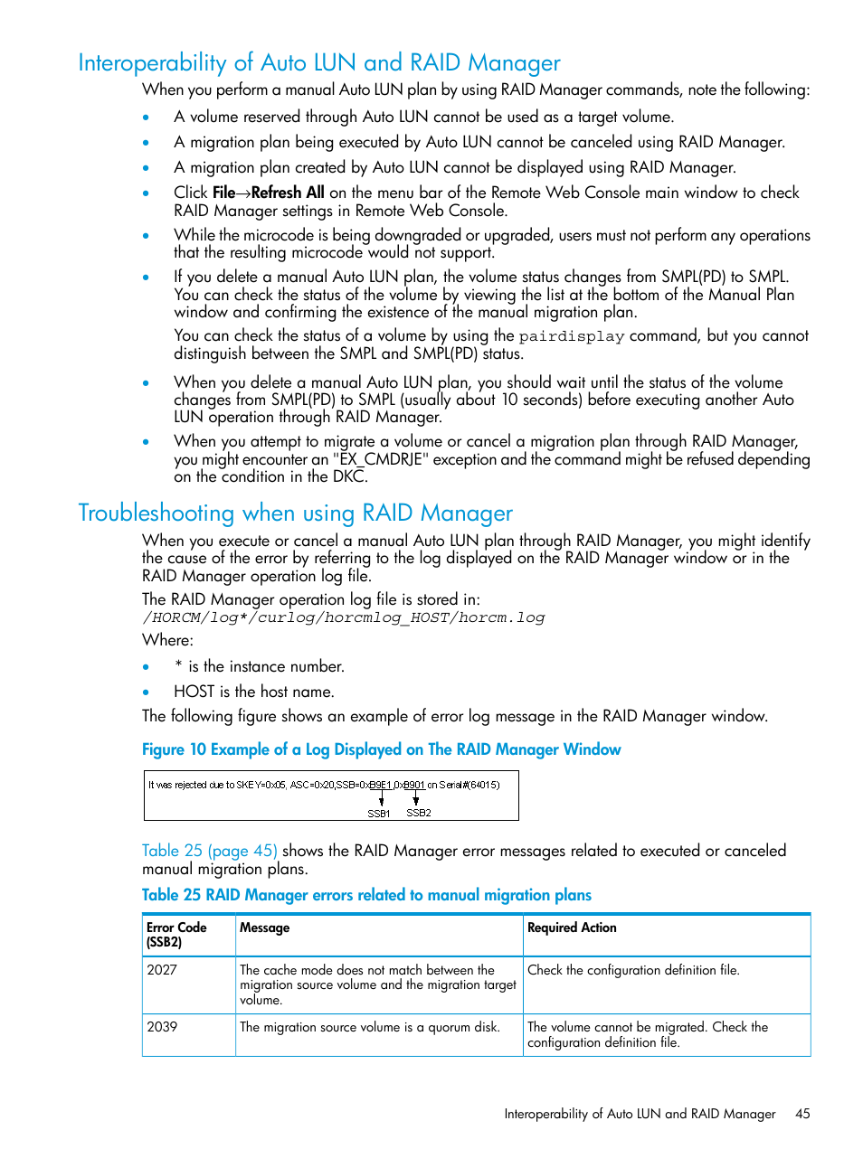 Interoperability of auto lun and raid manager, Troubleshooting when using raid manager | HP XP P9000 Auto LUN Software User Manual | Page 45 / 72