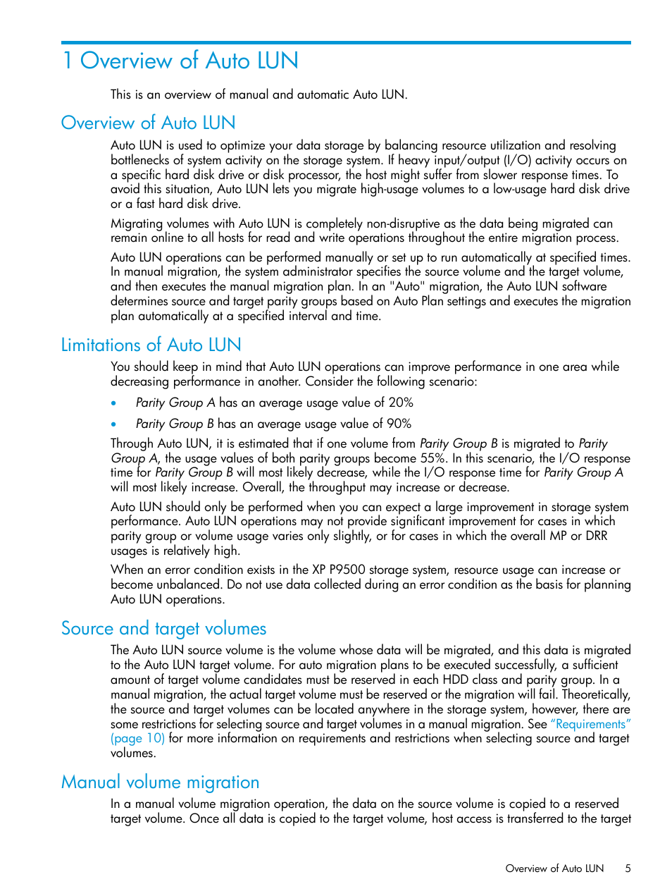 1 overview of auto lun, Overview of auto lun, Limitations of auto lun | Source and target volumes, Manual volume migration | HP XP P9000 Auto LUN Software User Manual | Page 5 / 72