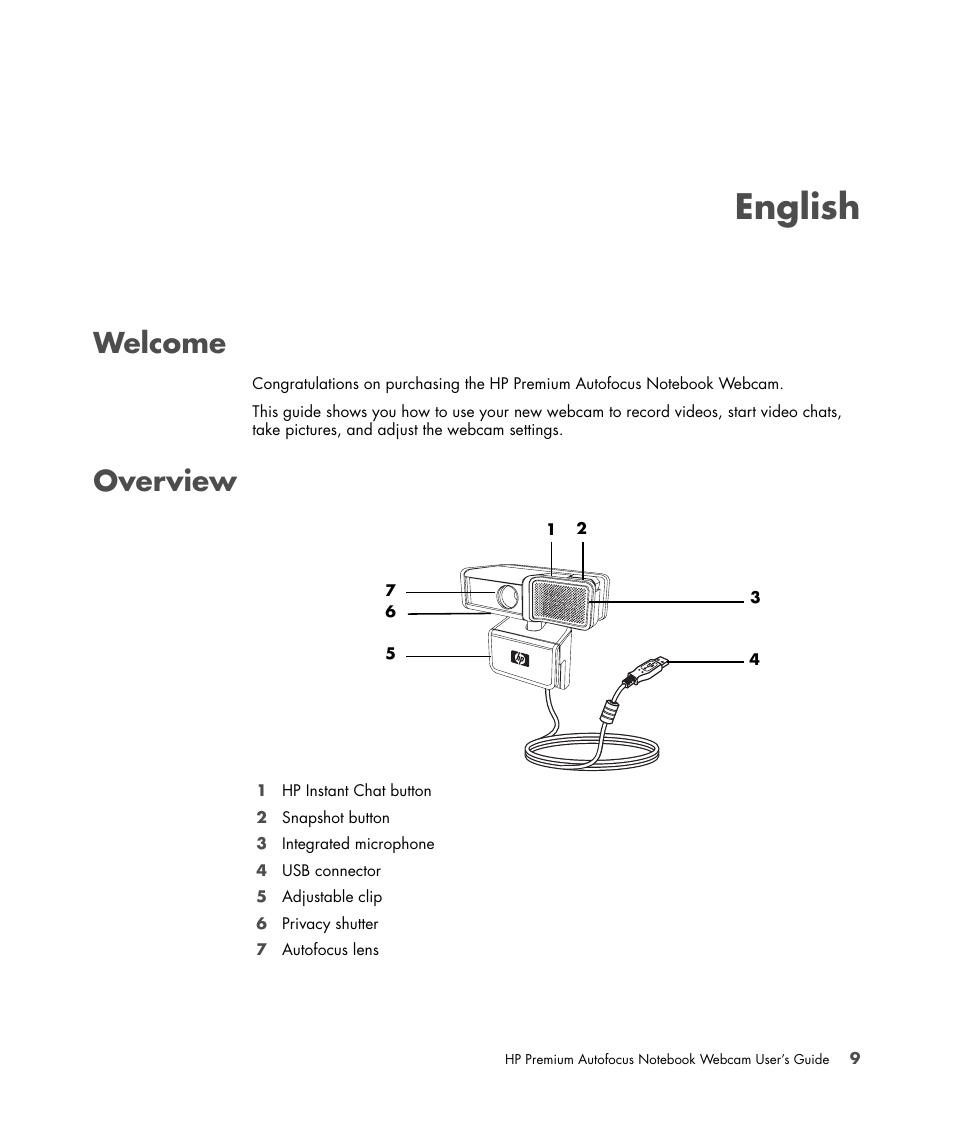 Welcome, Overview, Elcome overview | English | HP 2-Megapixel Autofocus Webcam User Manual | Page 11 / 241