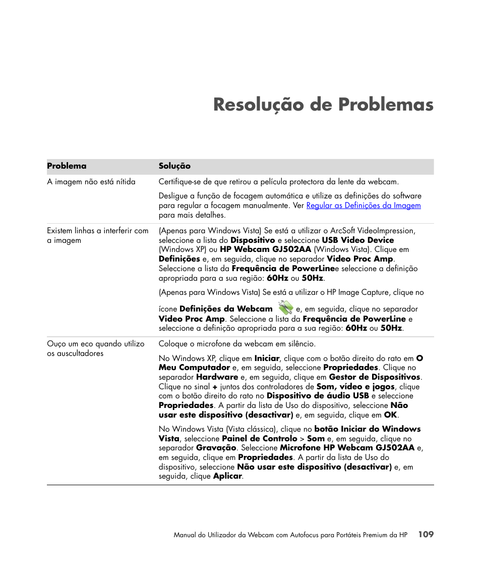 Resolução de problemas | HP 2-Megapixel Autofocus Webcam User Manual | Page 111 / 241