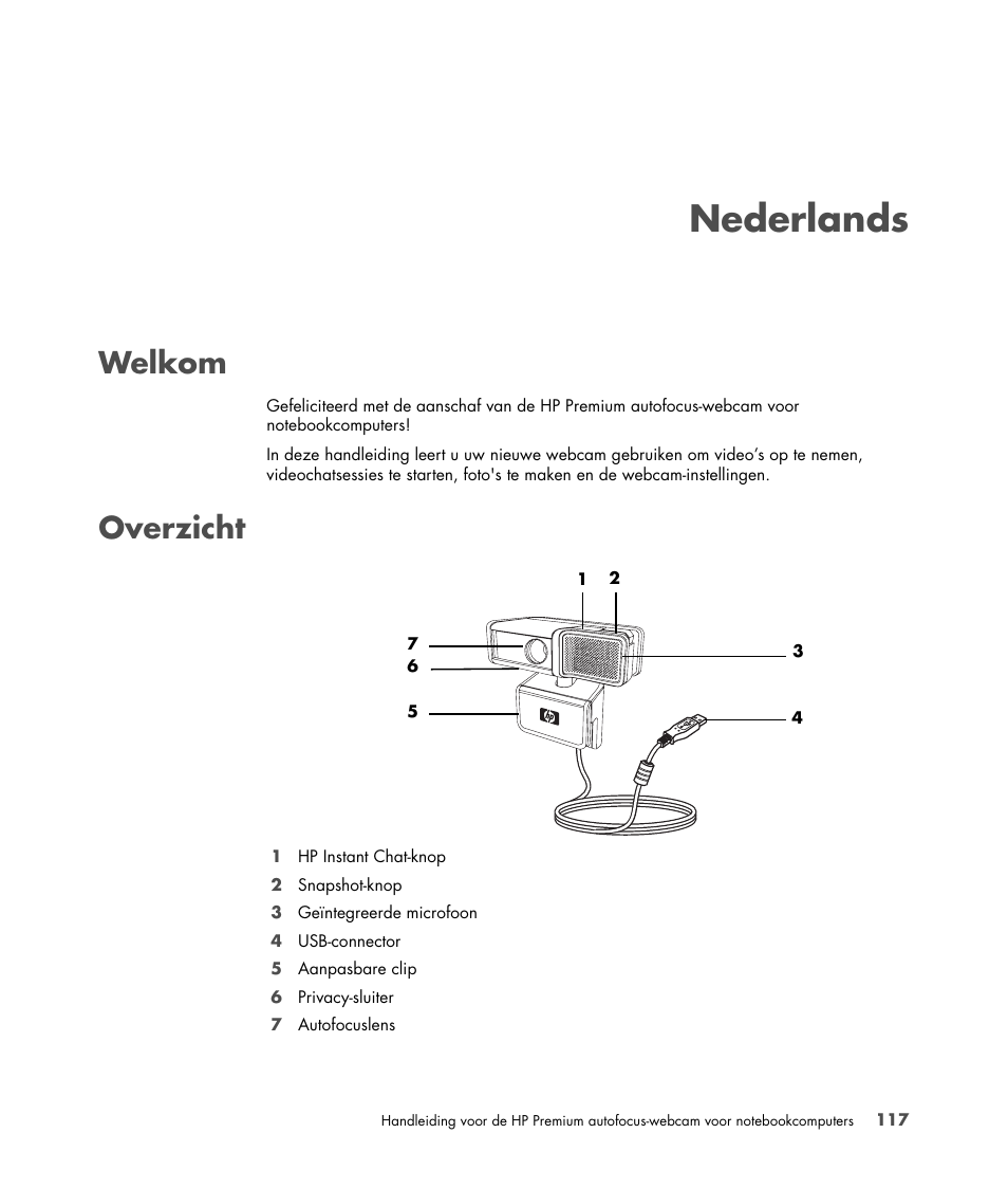 Welkom, Overzicht, Welkom overzicht | Nederlands | HP 2-Megapixel Autofocus Webcam User Manual | Page 119 / 241