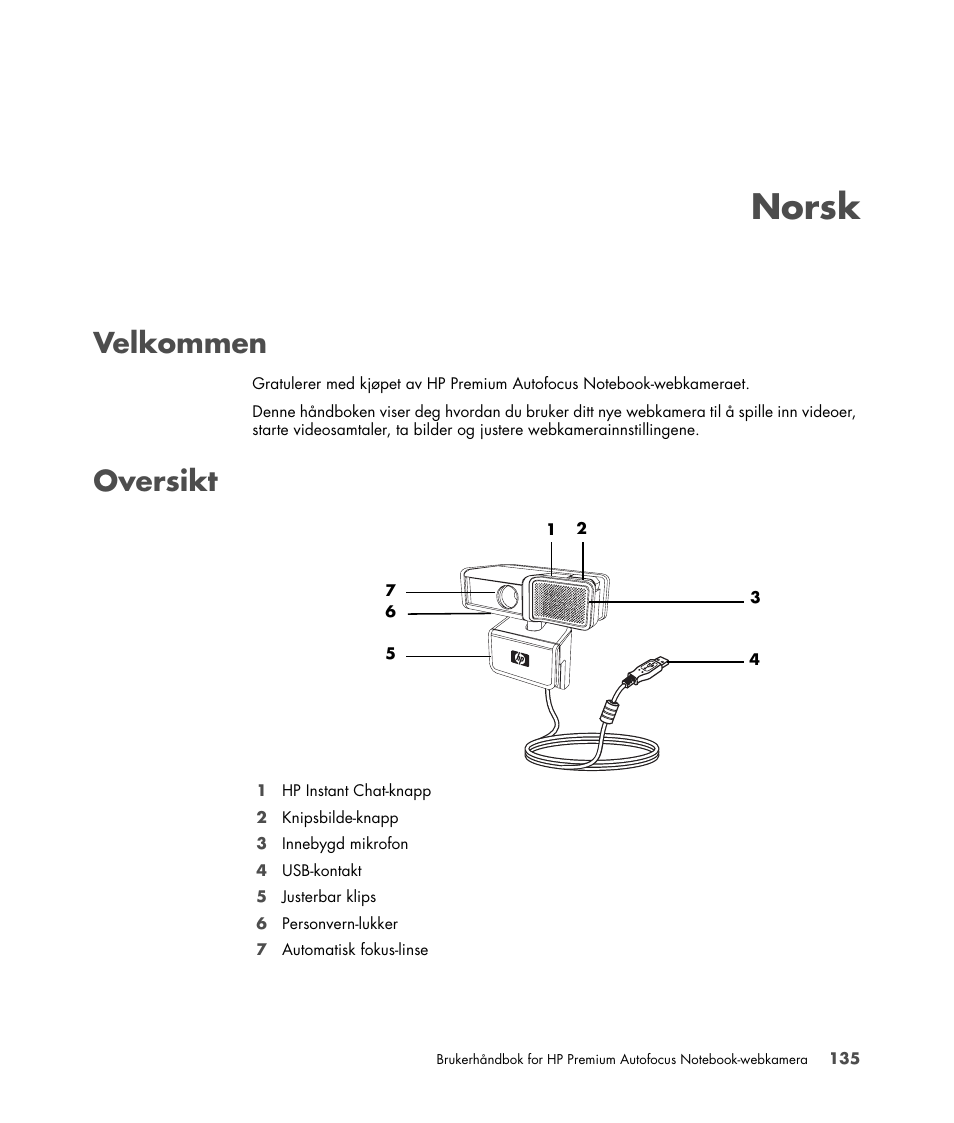 Velkommen, Oversikt, Velkommen oversikt | Norsk | HP 2-Megapixel Autofocus Webcam User Manual | Page 137 / 241