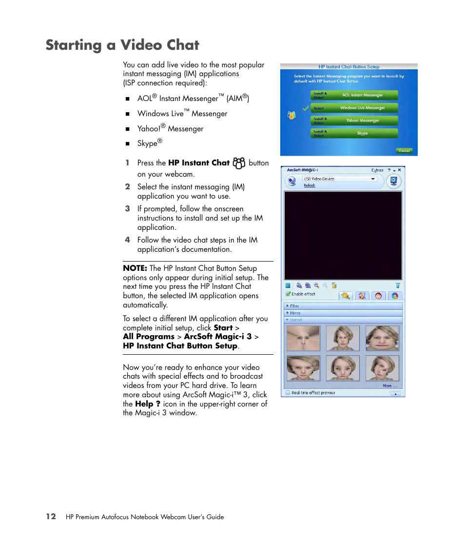 Starting a video chat | HP 2-Megapixel Autofocus Webcam User Manual | Page 14 / 241