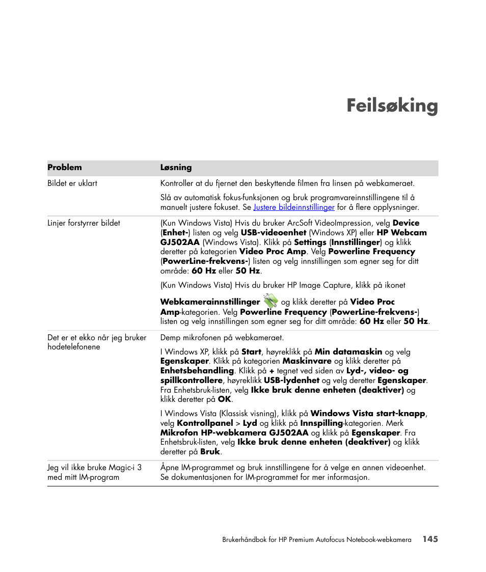 Feilsøking | HP 2-Megapixel Autofocus Webcam User Manual | Page 147 / 241