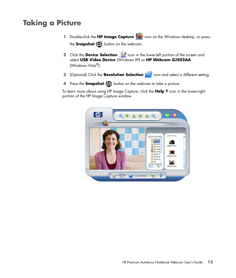 Taking a picture | HP 2-Megapixel Autofocus Webcam User Manual | Page 15 / 241