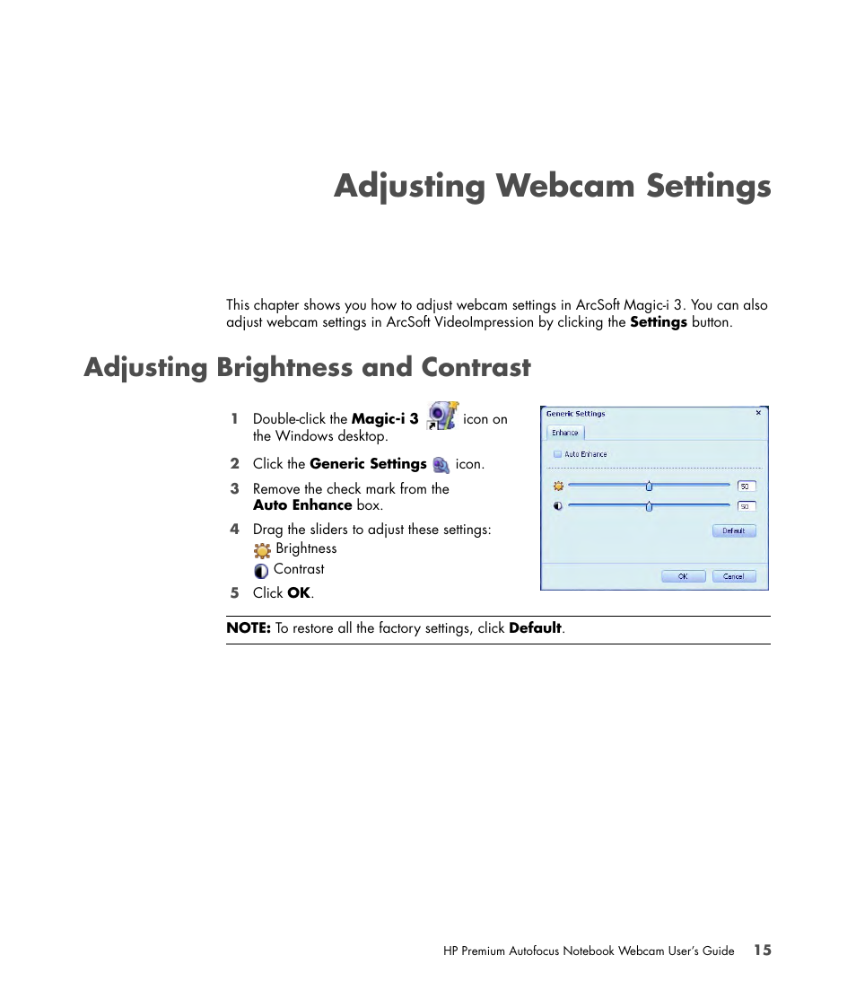 Adjusting webcam settings, Adjusting brightness and contrast | HP 2-Megapixel Autofocus Webcam User Manual | Page 17 / 241