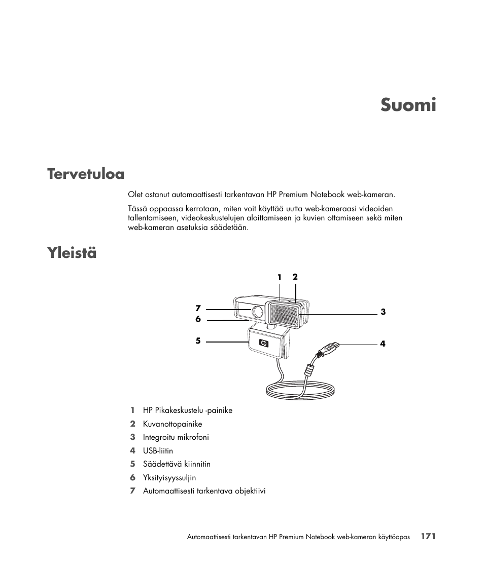 Tervetuloa, Yleistä, Tervetuloa yleistä | Suomi | HP 2-Megapixel Autofocus Webcam User Manual | Page 173 / 241