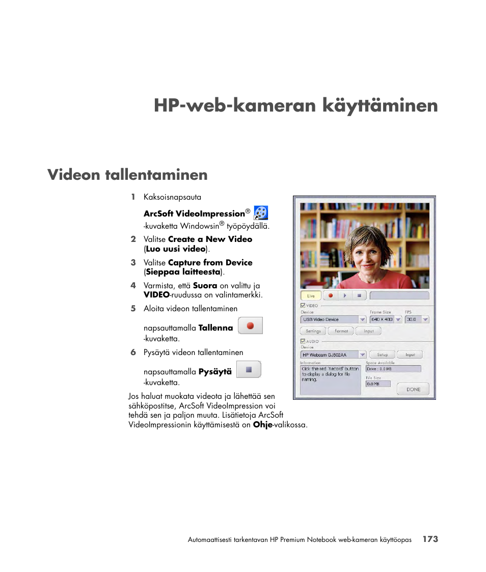 Hp-web-kameran käyttäminen, Videon tallentaminen, Hp-web-kameran käyttäminen videon tallentaminen | HP 2-Megapixel Autofocus Webcam User Manual | Page 175 / 241