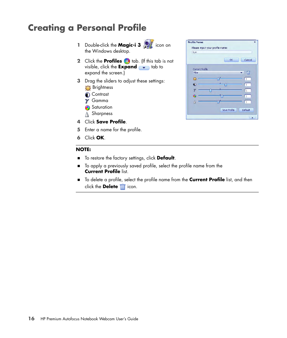 Creating a personal profile | HP 2-Megapixel Autofocus Webcam User Manual | Page 18 / 241