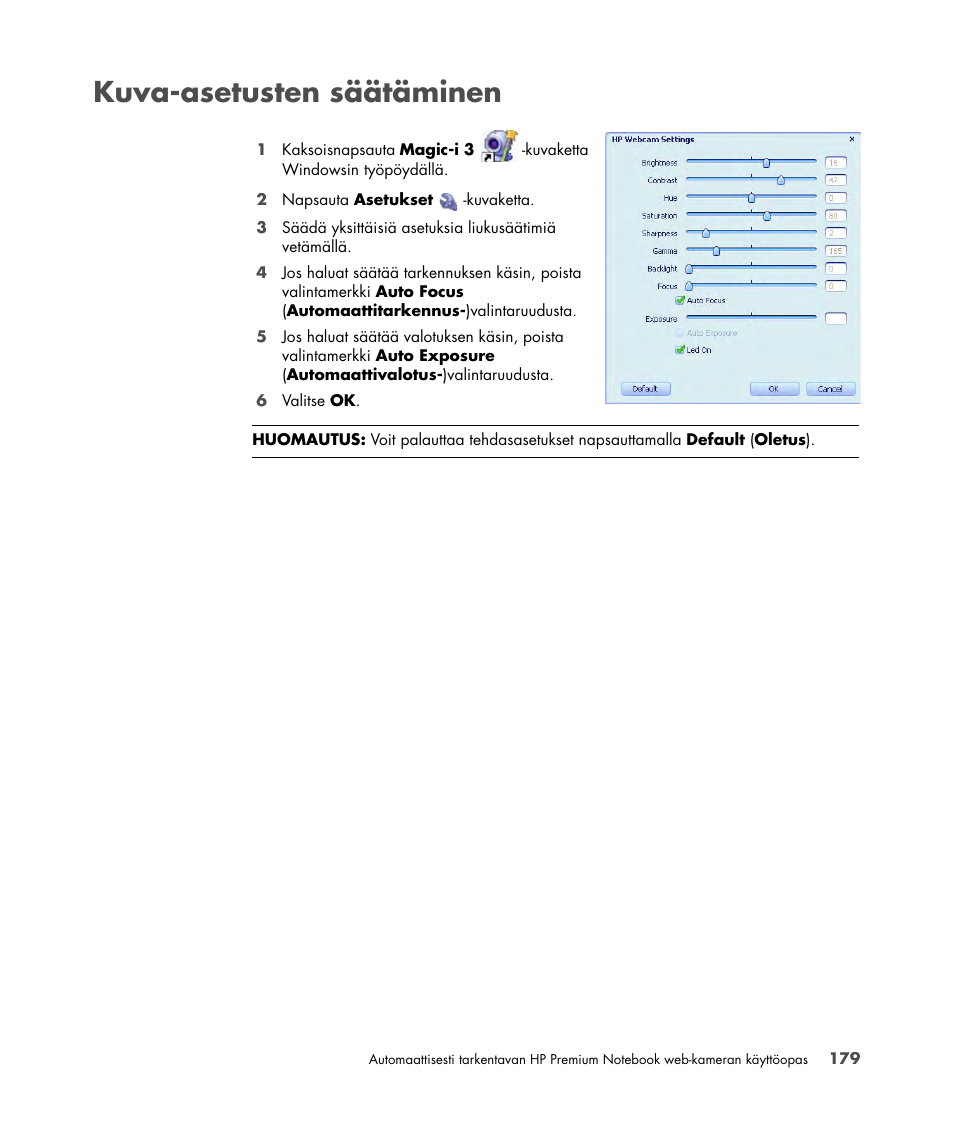 Kuva-asetusten säätäminen | HP 2-Megapixel Autofocus Webcam User Manual | Page 181 / 241