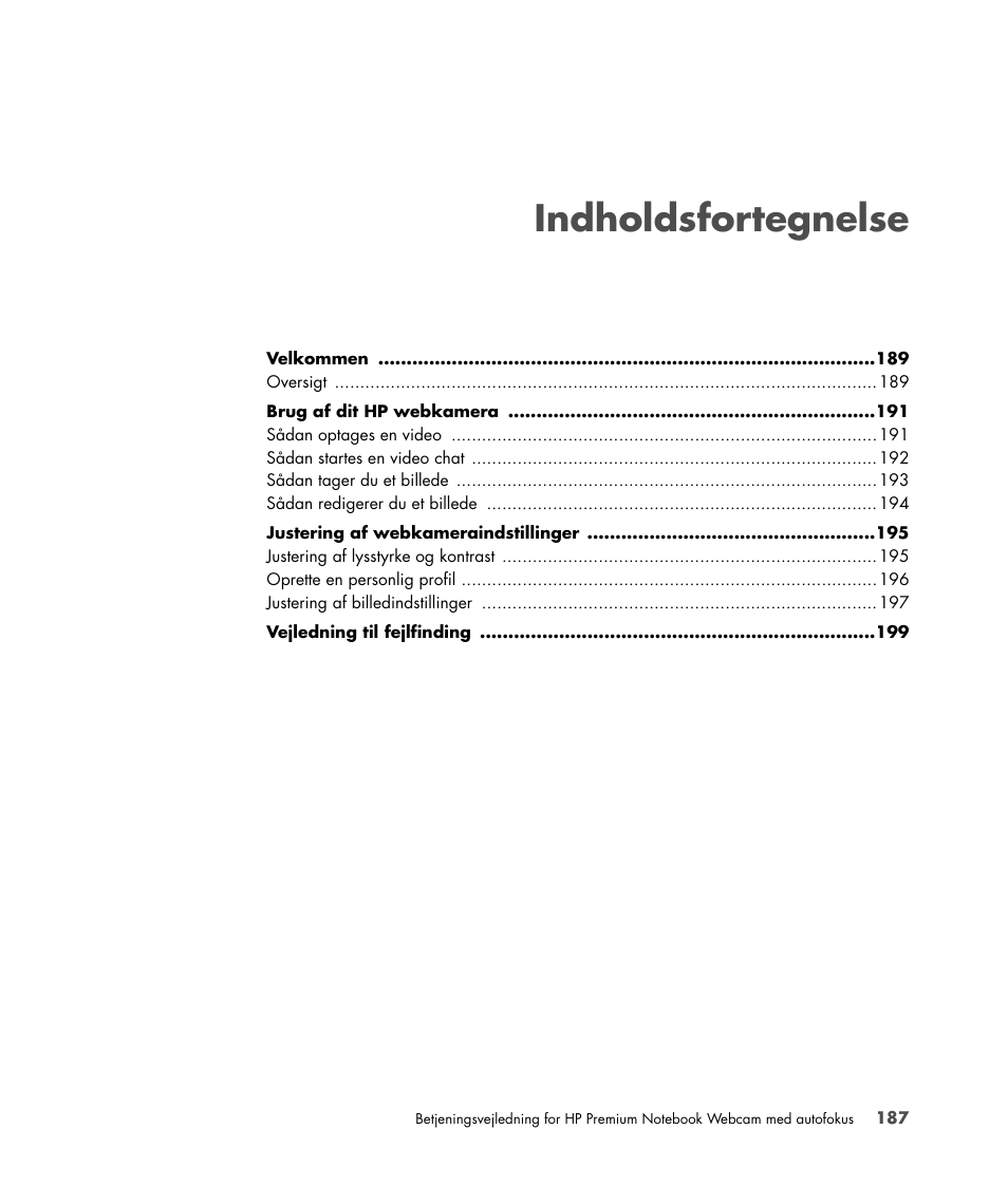 Indholdsfortegnelse | HP 2-Megapixel Autofocus Webcam User Manual | Page 189 / 241