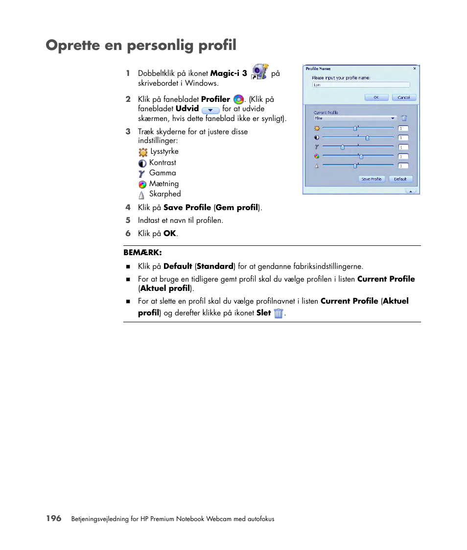 Oprette en personlig profil | HP 2-Megapixel Autofocus Webcam User Manual | Page 198 / 241