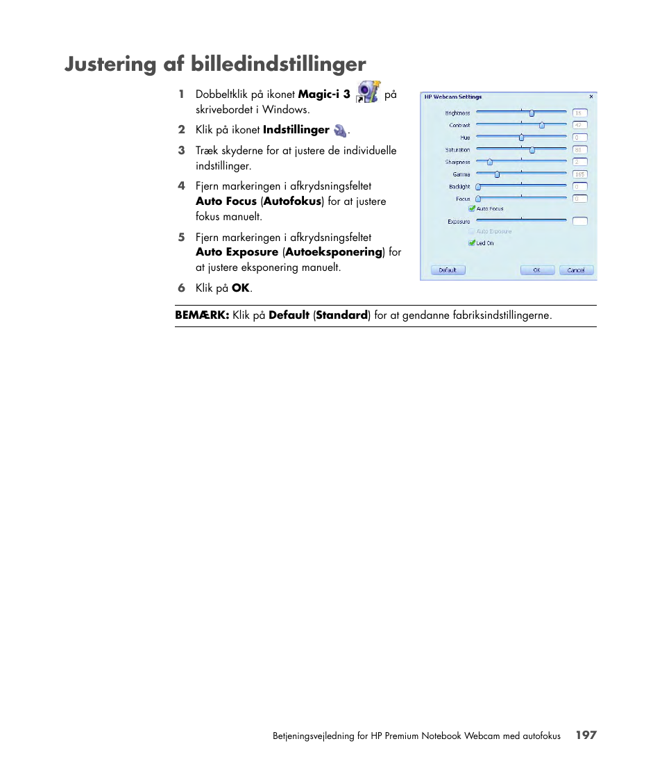 Justering af billedindstillinger | HP 2-Megapixel Autofocus Webcam User Manual | Page 199 / 241