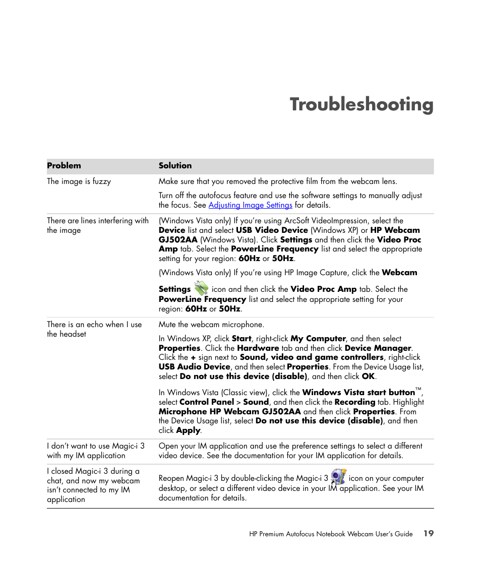 Troubleshooting | HP 2-Megapixel Autofocus Webcam User Manual | Page 21 / 241