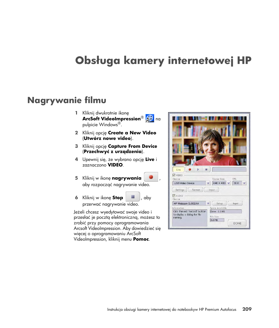 Obsługa kamery internetowejhp, Nagrywanie filmu, Obsługa kamery internetowej hp nagrywanie filmu | Obsługa kamery internetowej hp | HP 2-Megapixel Autofocus Webcam User Manual | Page 211 / 241