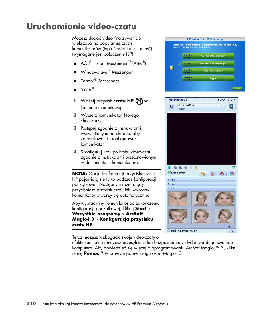 Uruchamianie video-czatu | HP 2-Megapixel Autofocus Webcam User Manual | Page 212 / 241