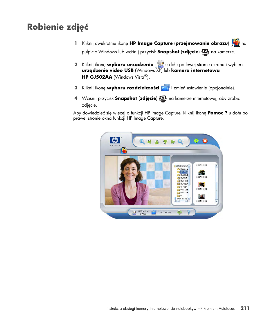 Robienie zdjęć | HP 2-Megapixel Autofocus Webcam User Manual | Page 213 / 241