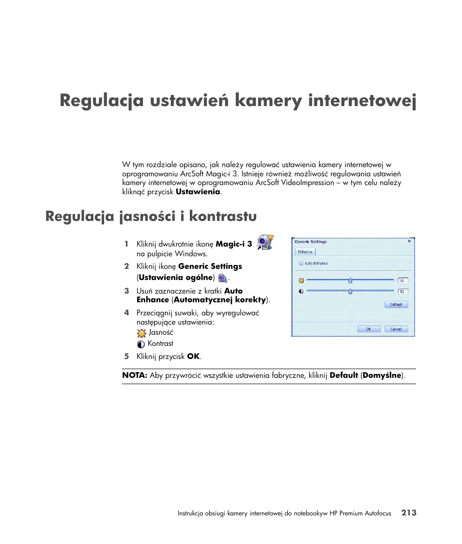 Regulacja ustawień kamery internetowej, Regulacja jasności i kontrastu | HP 2-Megapixel Autofocus Webcam User Manual | Page 215 / 241