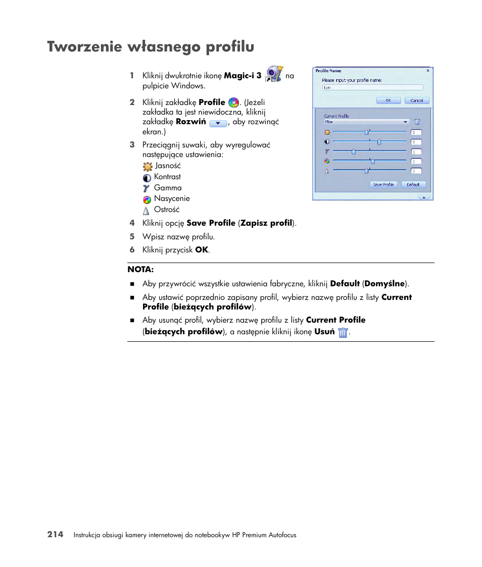 Tworzenie własnego profilu | HP 2-Megapixel Autofocus Webcam User Manual | Page 216 / 241