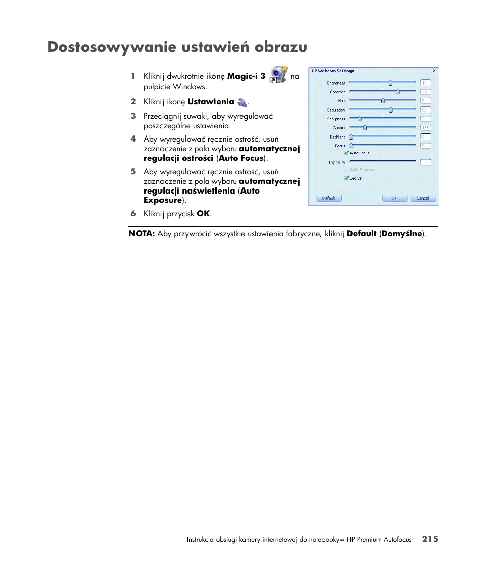 Dostosowywanie ustawień obrazu | HP 2-Megapixel Autofocus Webcam User Manual | Page 217 / 241