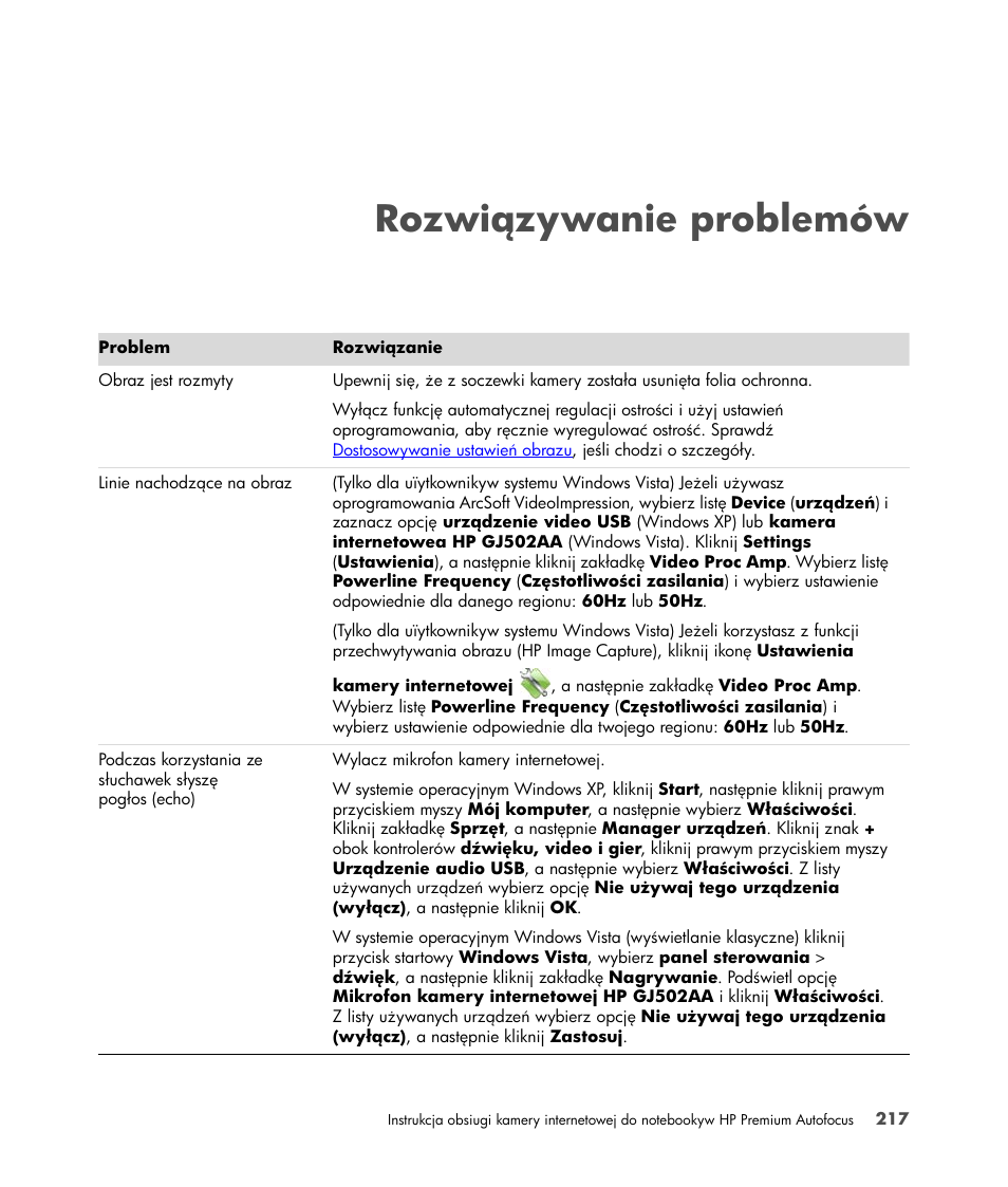 Rozwiązywanie problemów | HP 2-Megapixel Autofocus Webcam User Manual | Page 219 / 241