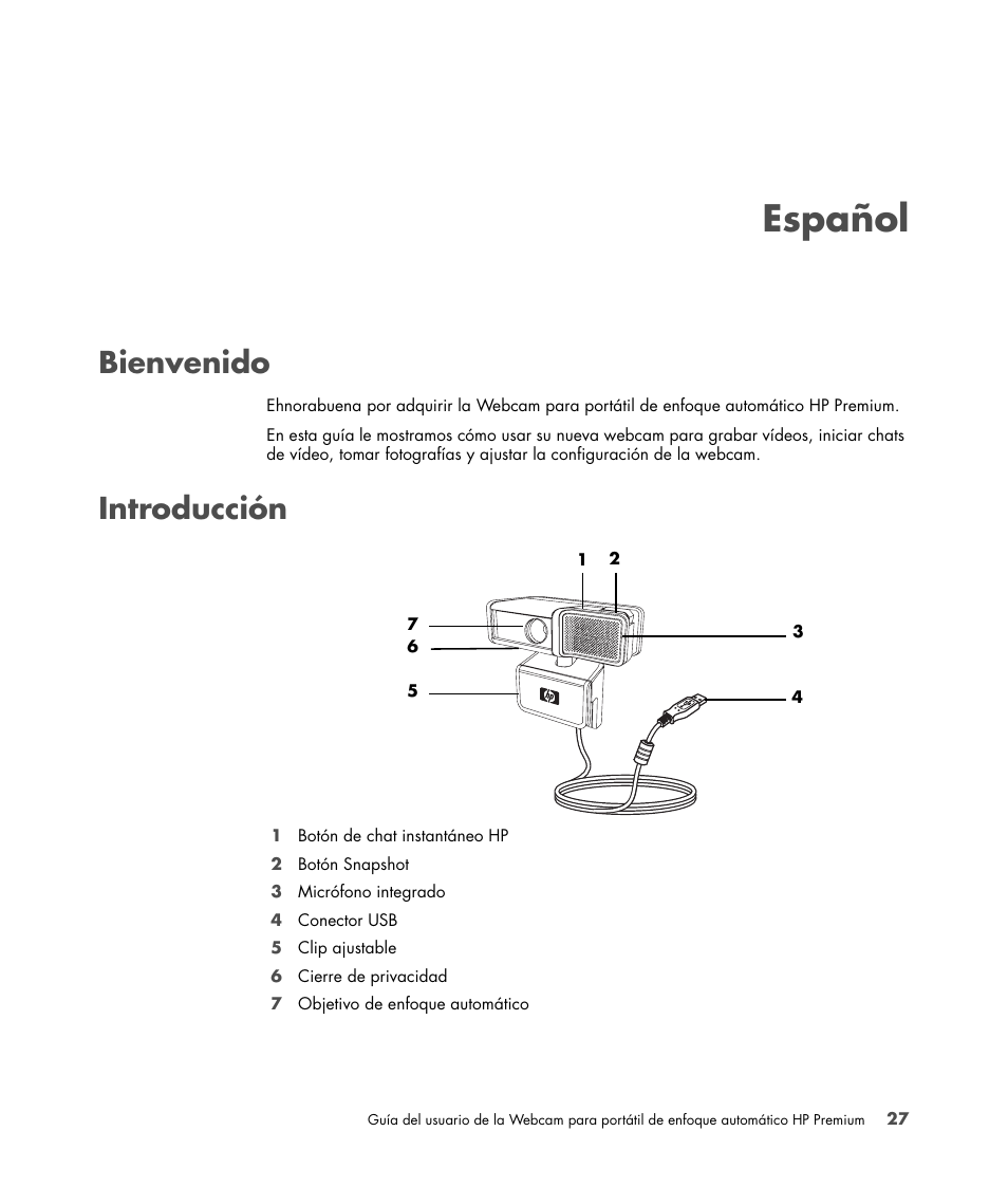 Bienvenido, Introducción, 27 introducción | Español | HP 2-Megapixel Autofocus Webcam User Manual | Page 29 / 241