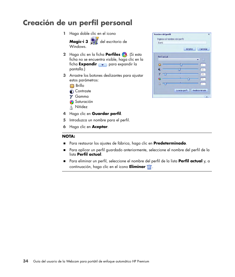 Creación de un perfil personal | HP 2-Megapixel Autofocus Webcam User Manual | Page 36 / 241