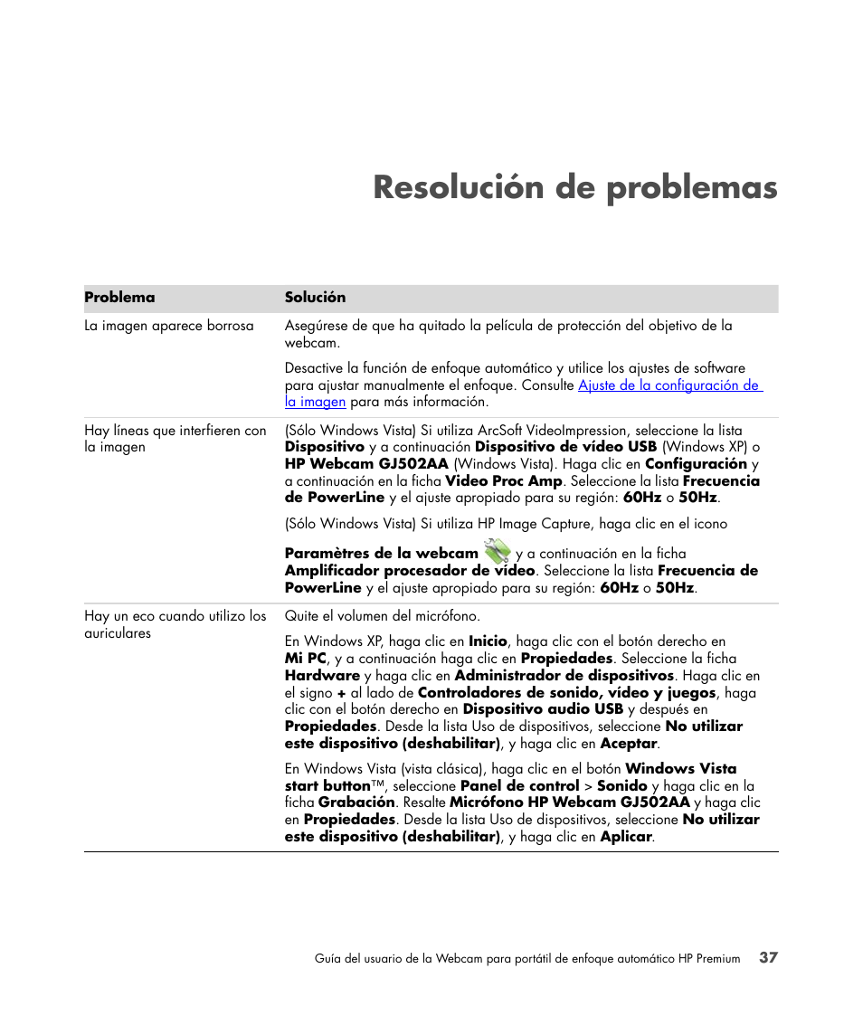 Resolución de problemas | HP 2-Megapixel Autofocus Webcam User Manual | Page 39 / 241