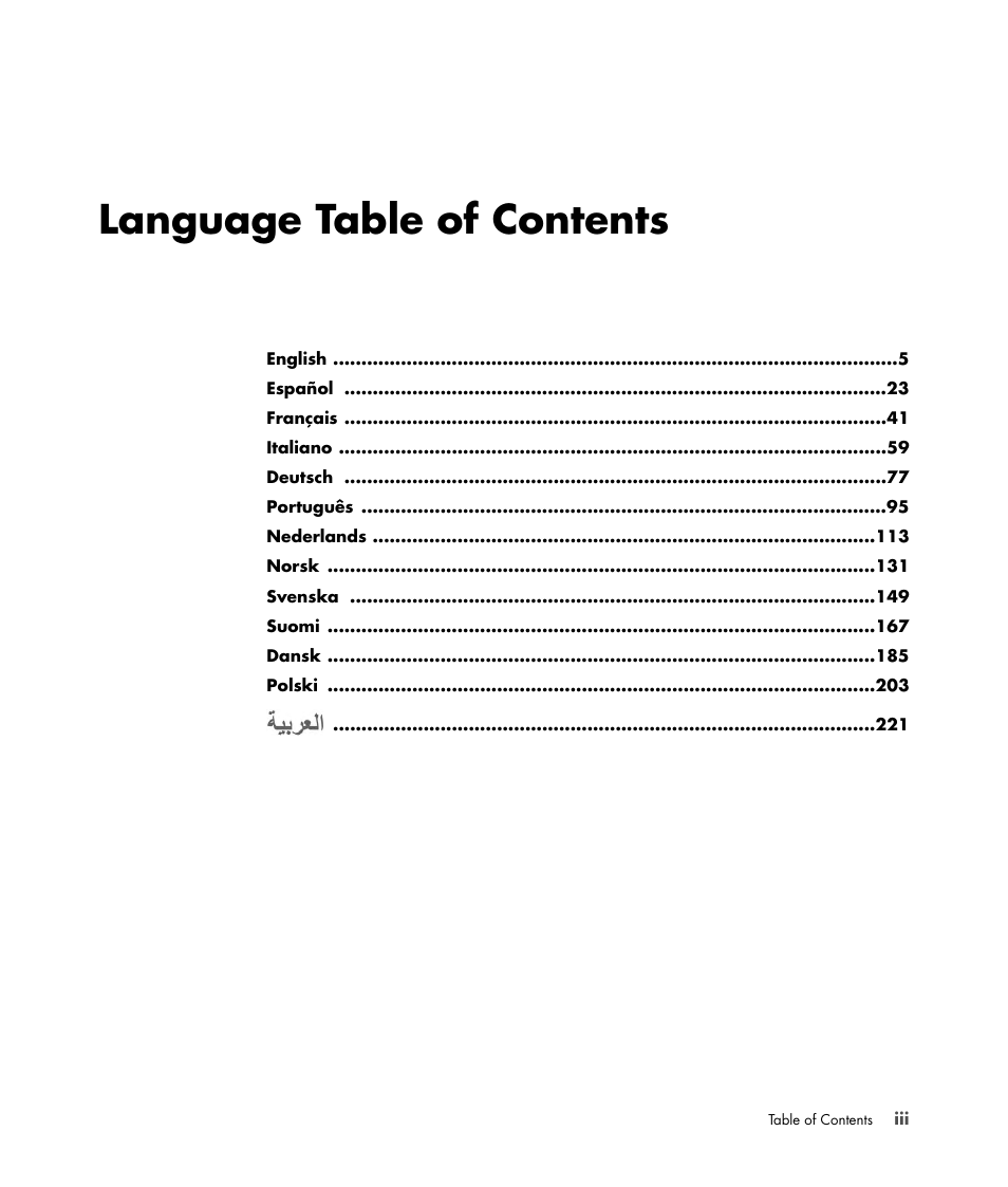 Language table of contents | HP 2-Megapixel Autofocus Webcam User Manual | Page 5 / 241