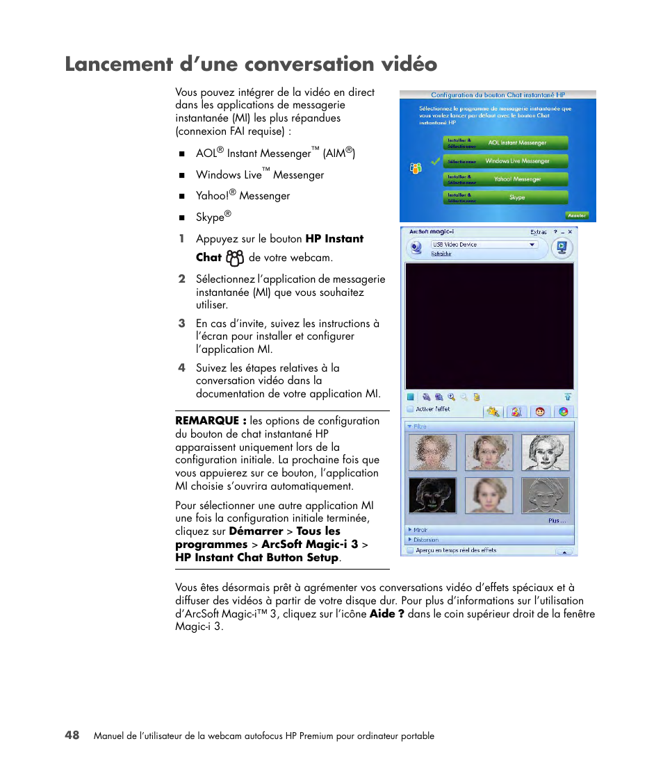 Lancement d’une conversation vidéo | HP 2-Megapixel Autofocus Webcam User Manual | Page 50 / 241