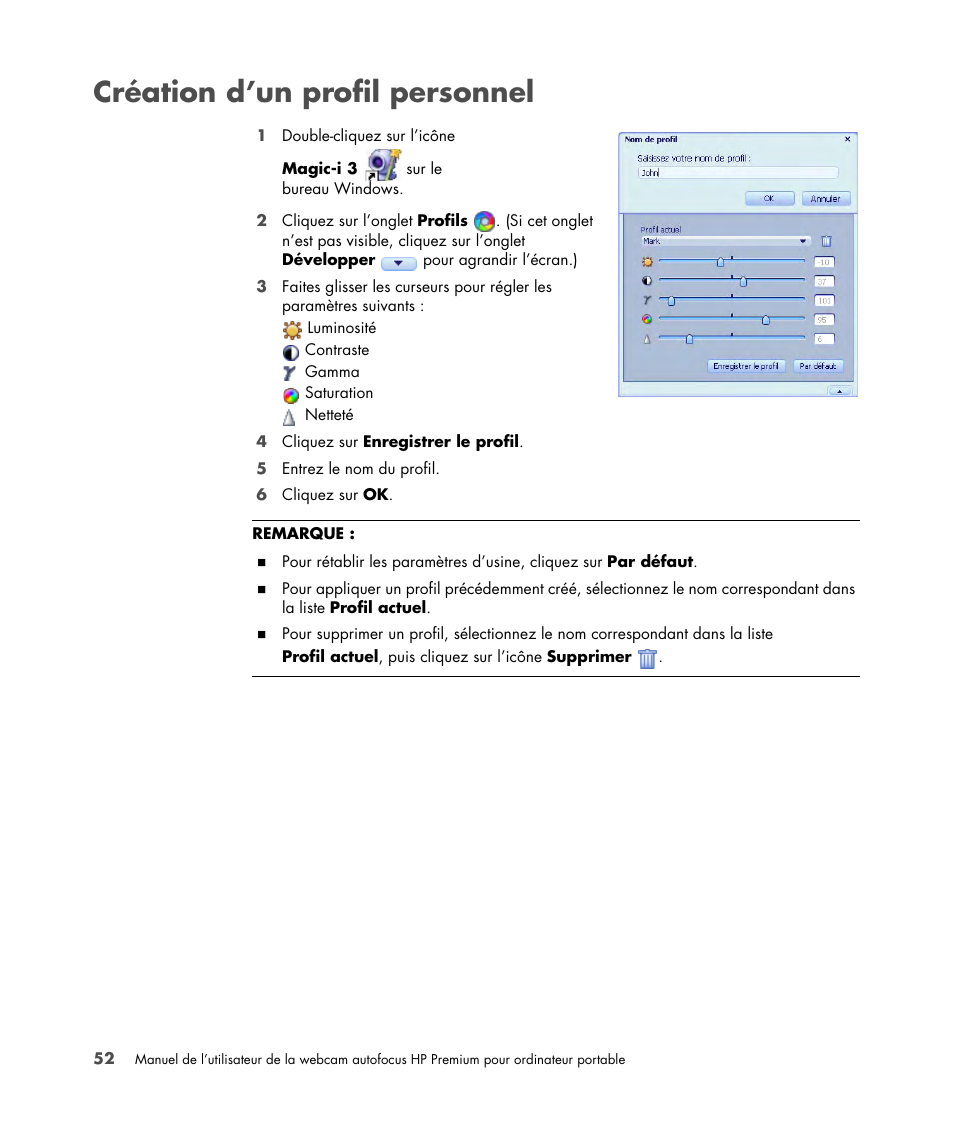 Création d’un profil personnel | HP 2-Megapixel Autofocus Webcam User Manual | Page 54 / 241