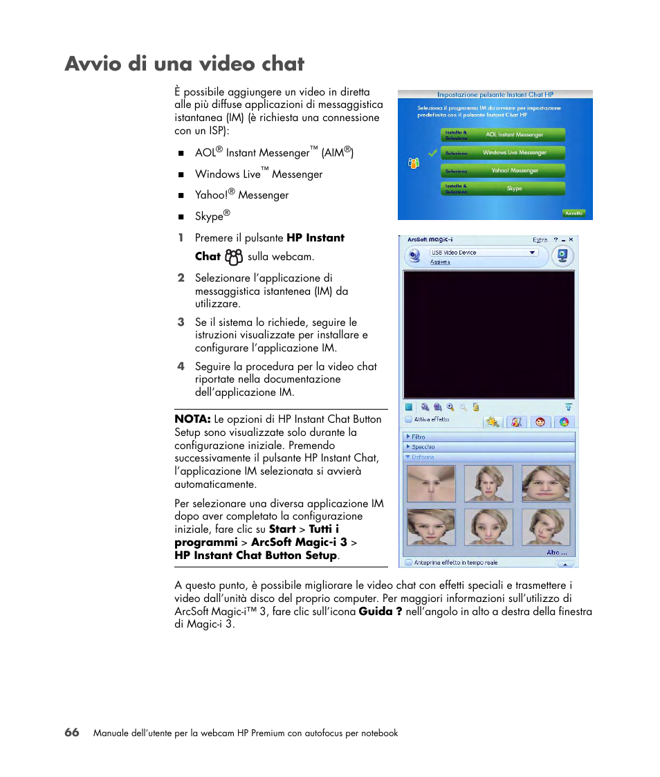 Avvio di una video chat | HP 2-Megapixel Autofocus Webcam User Manual | Page 68 / 241