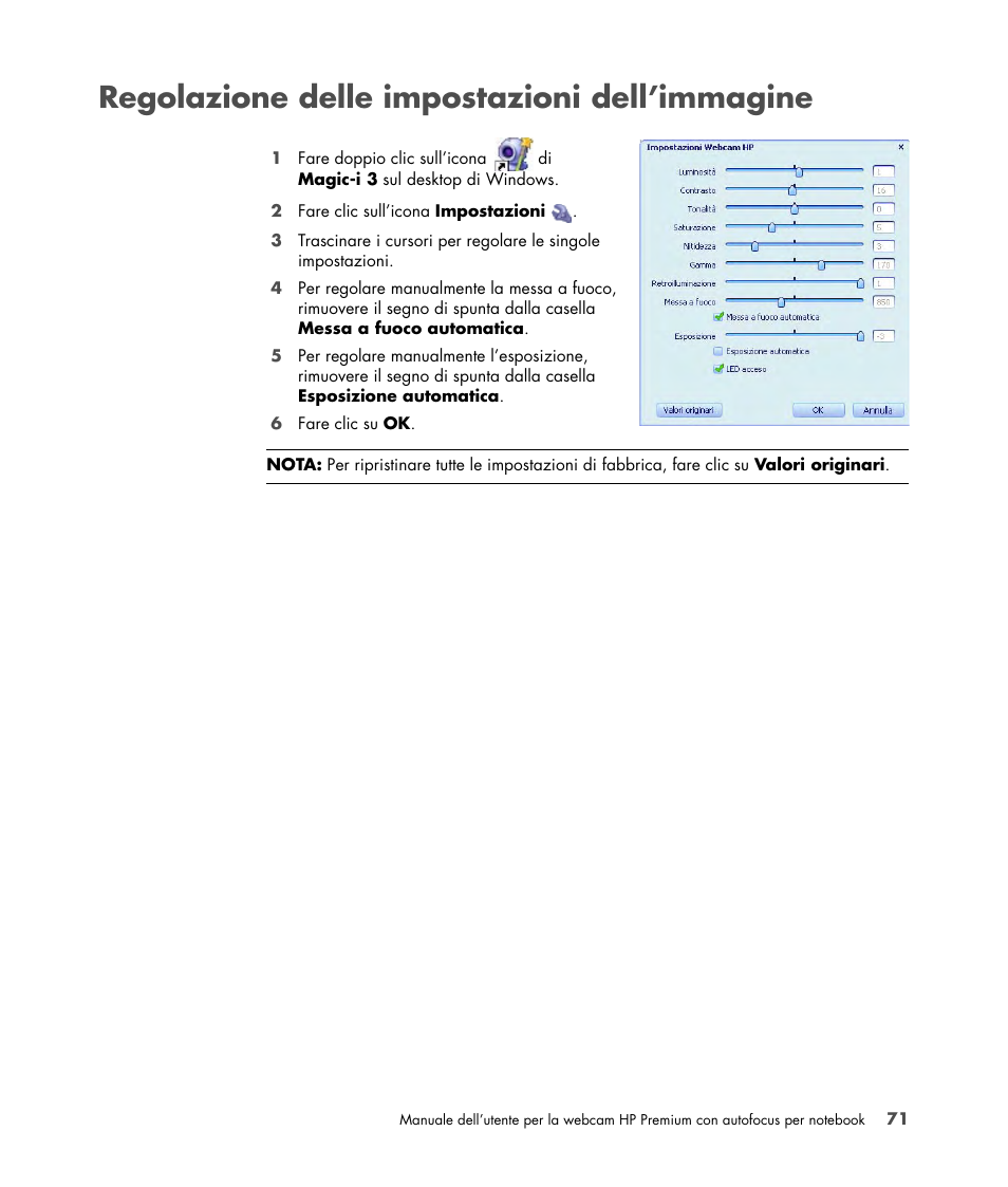 Regolazione delle impostazioni dell’immagine | HP 2-Megapixel Autofocus Webcam User Manual | Page 73 / 241