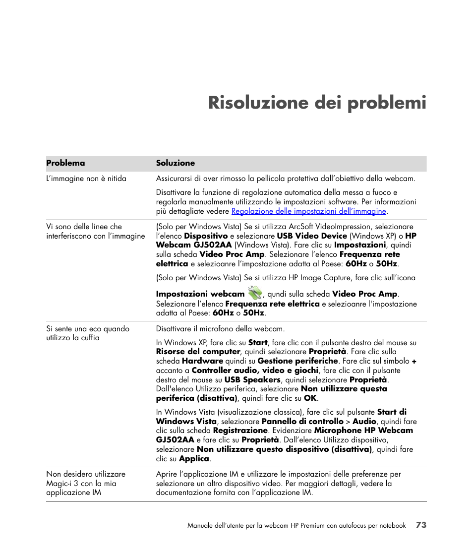 Risoluzione dei problemi | HP 2-Megapixel Autofocus Webcam User Manual | Page 75 / 241