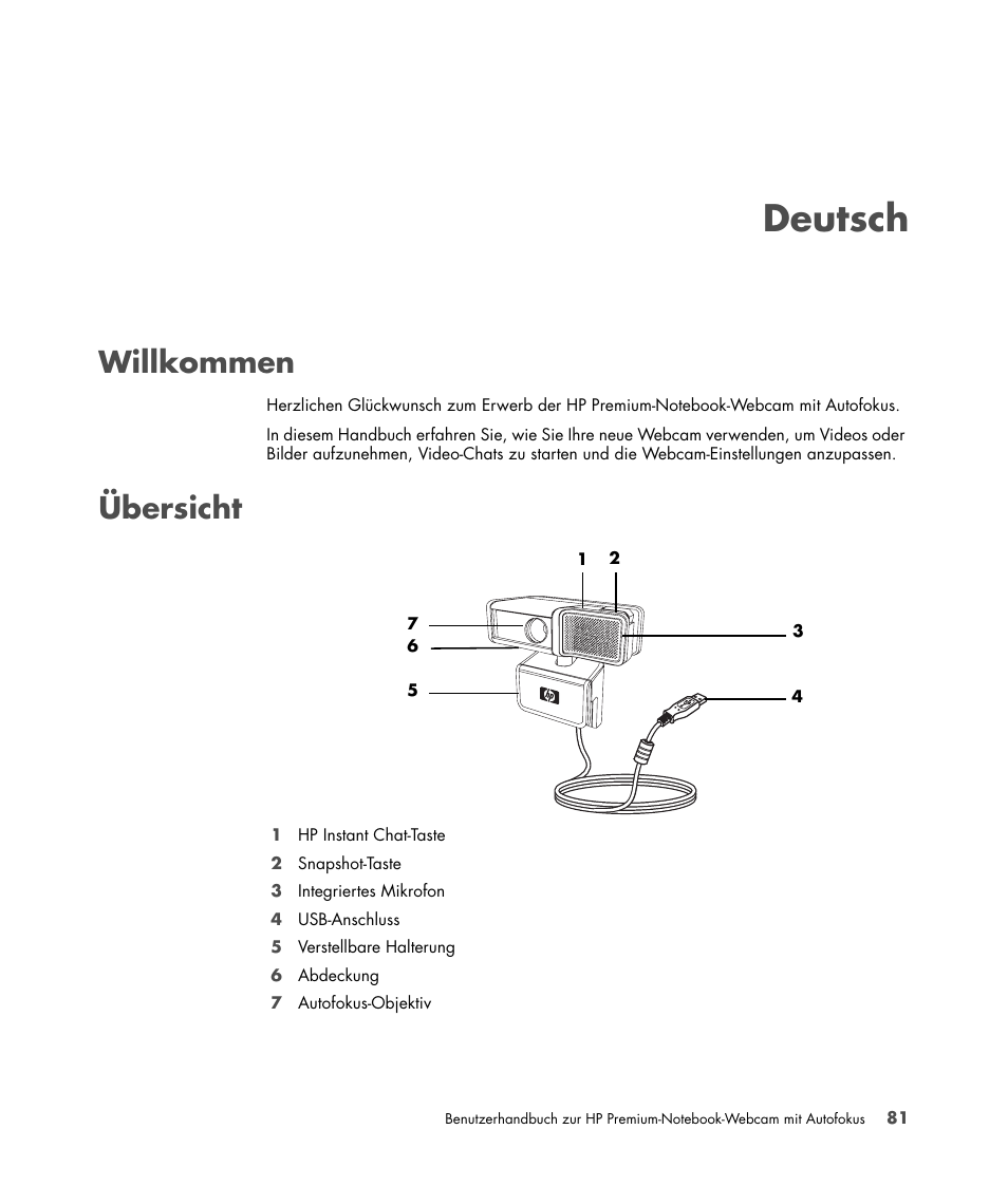 Willkommen, Übersicht, 81 übersicht | Deutsch | HP 2-Megapixel Autofocus Webcam User Manual | Page 83 / 241