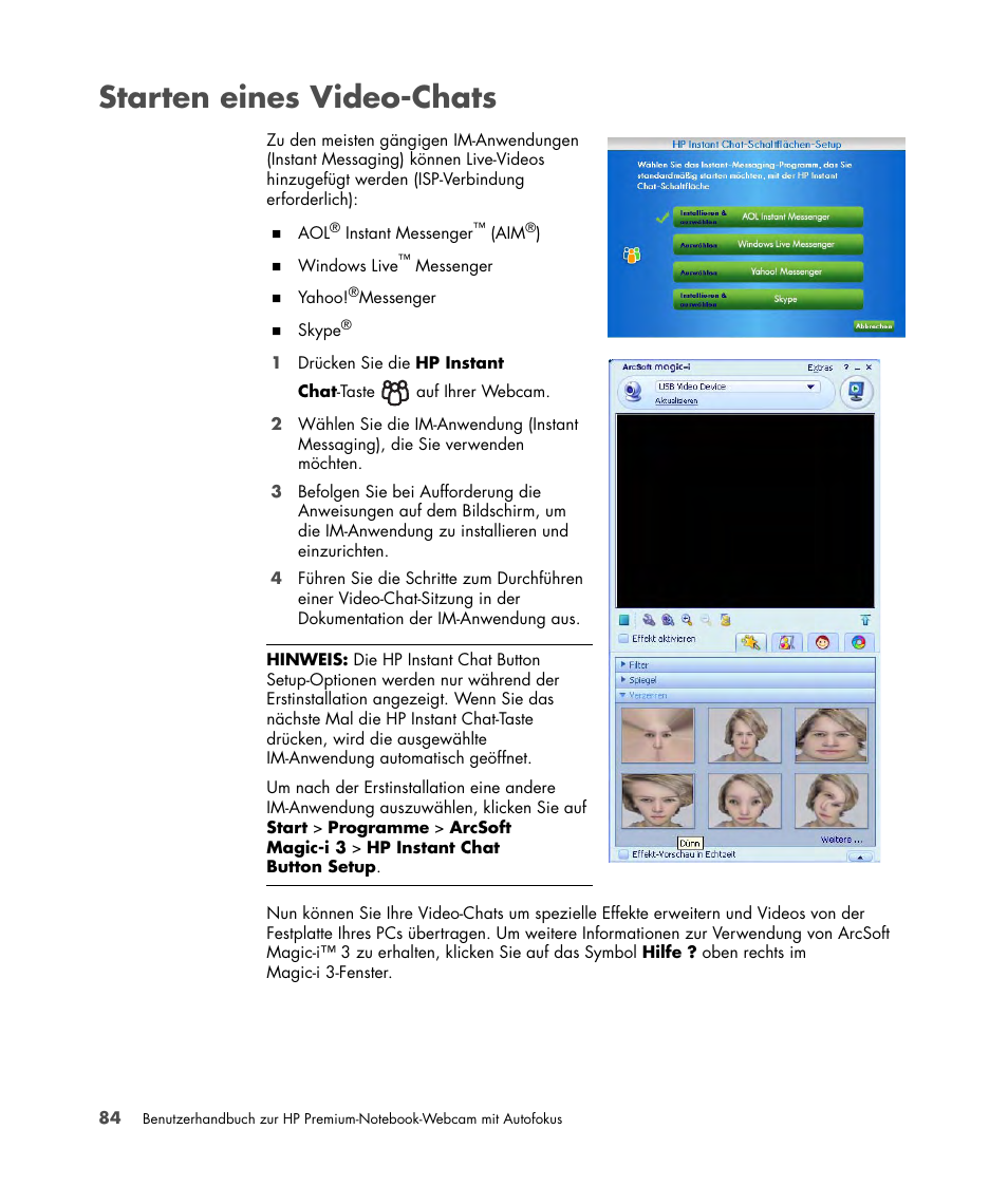 Starten eines video-chats, Aufnehmen von bildern | HP 2-Megapixel Autofocus Webcam User Manual | Page 86 / 241