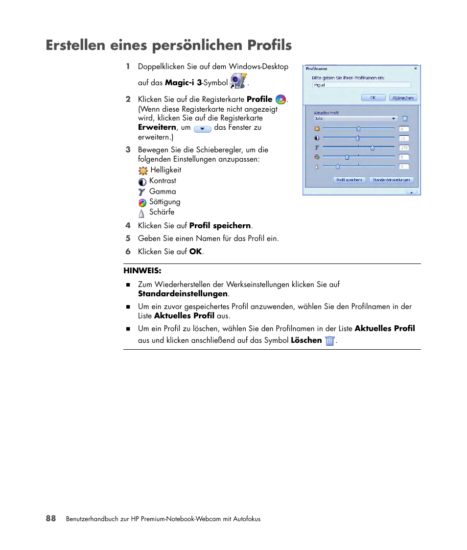 Erstellen eines persönlichen profils, Anpassen der bildeinstellungen | HP 2-Megapixel Autofocus Webcam User Manual | Page 90 / 241