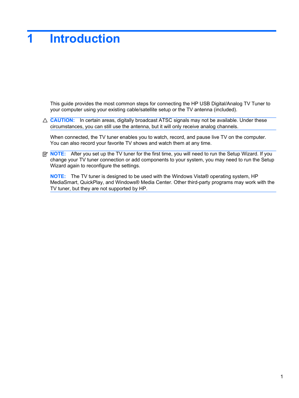 Introduction, 1 introduction, 1introduction | HP USB Hybrid ATSC NTSC QAM FM TV Tuner User Manual | Page 5 / 43