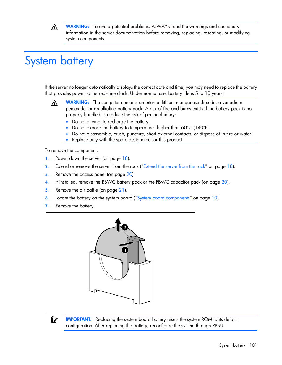 System battery | HP ProLiant DL360 G7 Server User Manual | Page 101 / 130