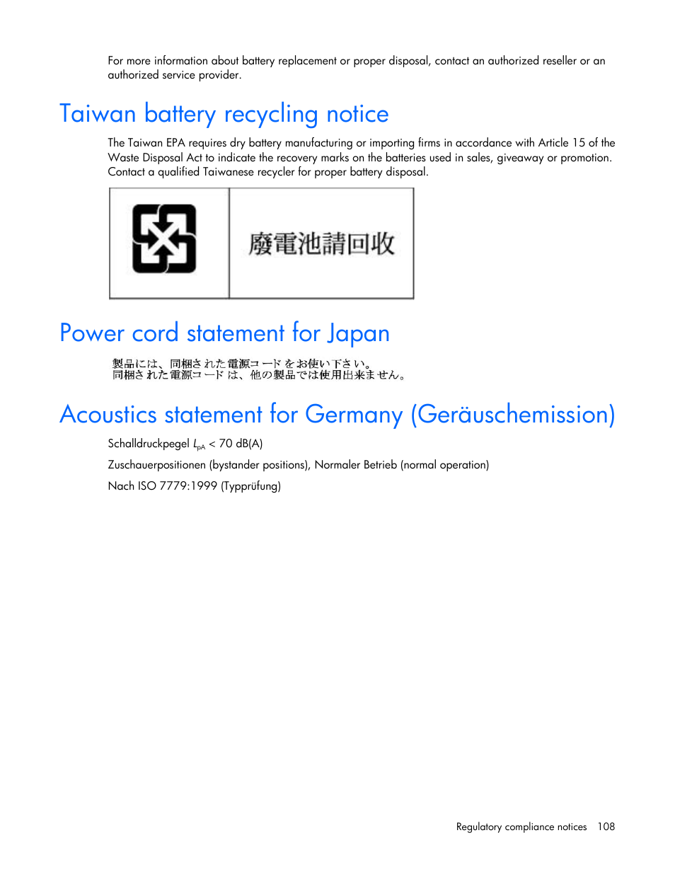 Taiwan battery recycling notice, Power cord statement for japan, Acoustics statement for germany (geräuschemission) | HP ProLiant DL360 G7 Server User Manual | Page 108 / 130