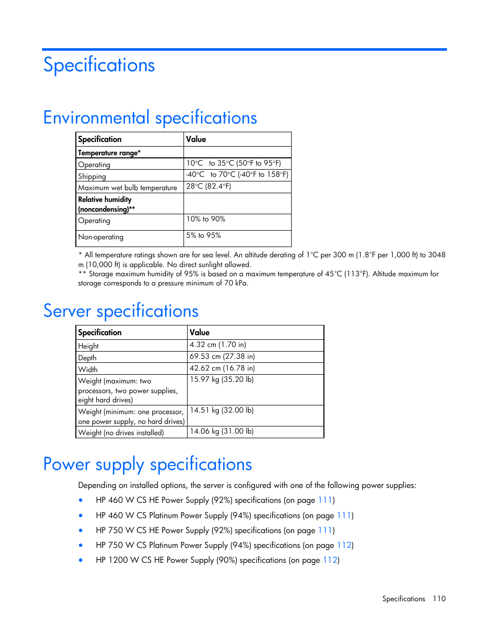 Specifications, Environmental specifications, Server specifications | Power supply specifications | HP ProLiant DL360 G7 Server User Manual | Page 110 / 130